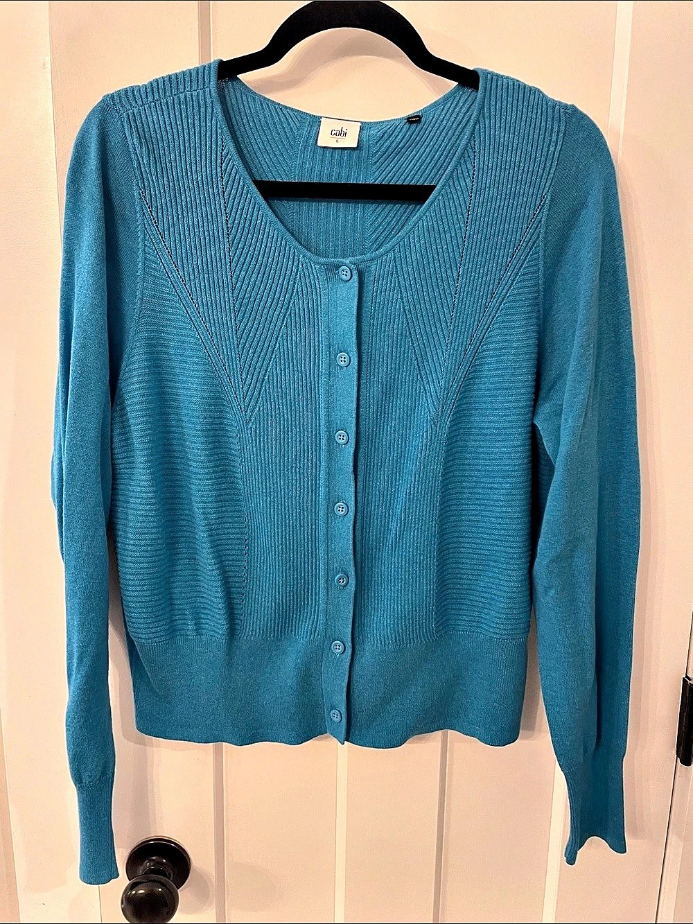 Cabi Cotton Ribbed Cardigan in Blue Size Large